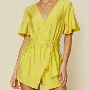 Blue Life Yellow Women's V-Neck Romper Mimosa Tie Front Size Medium
